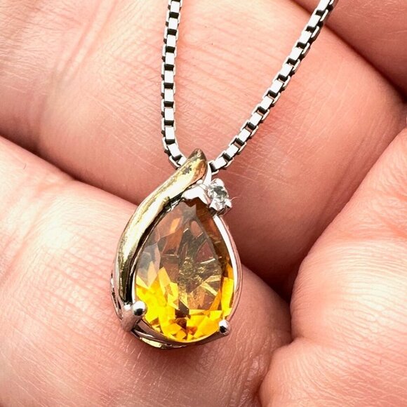 Sterling Silver 10k Gold Accents Orange Citrine Diamond Pendant 16" Necklace